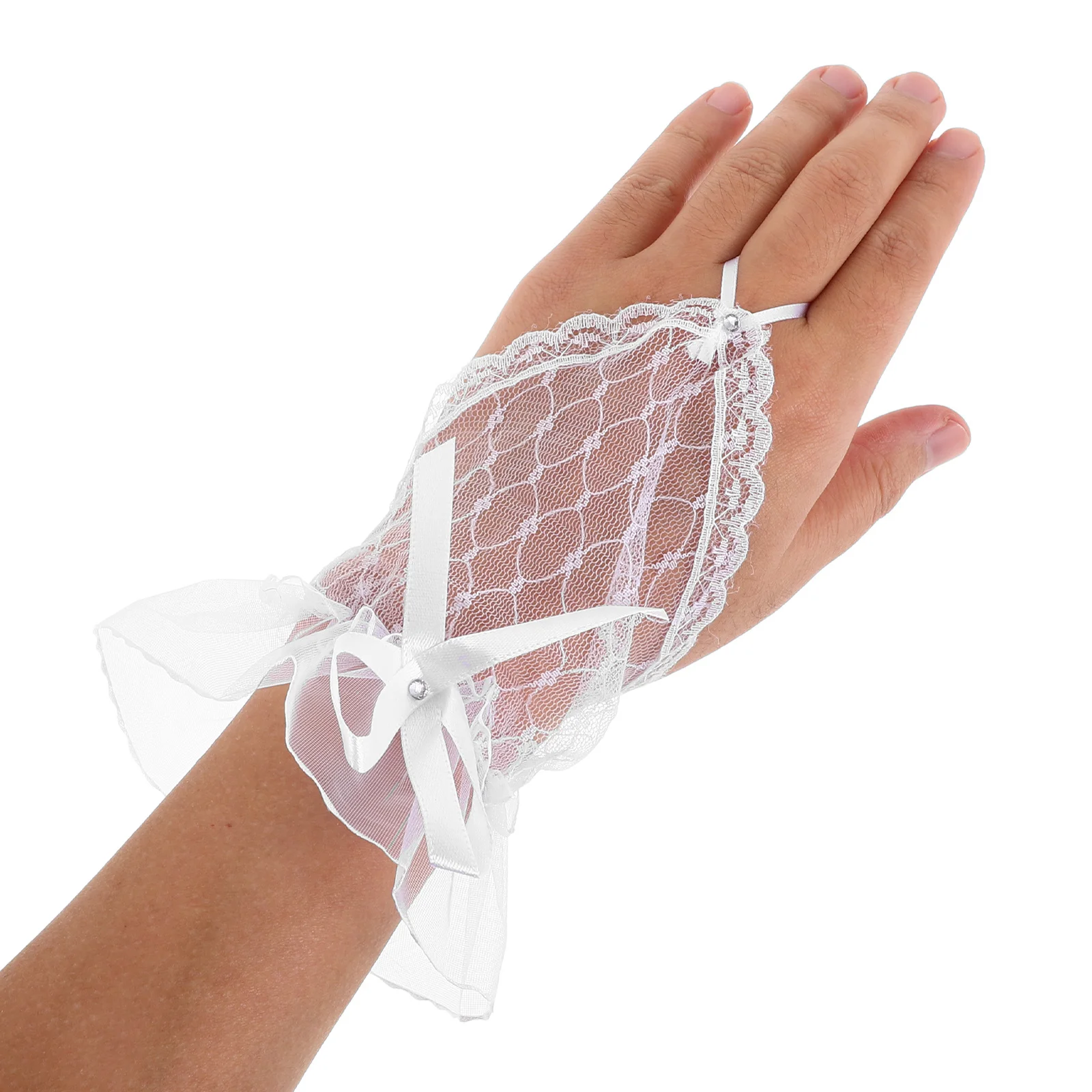 Guantes de encaje sin dedos para mujer, guantes blancos de malla transparente con lazo y diamantes de imitación, guantes de novia para boda, accesorios para fiesta de té para damas de honor