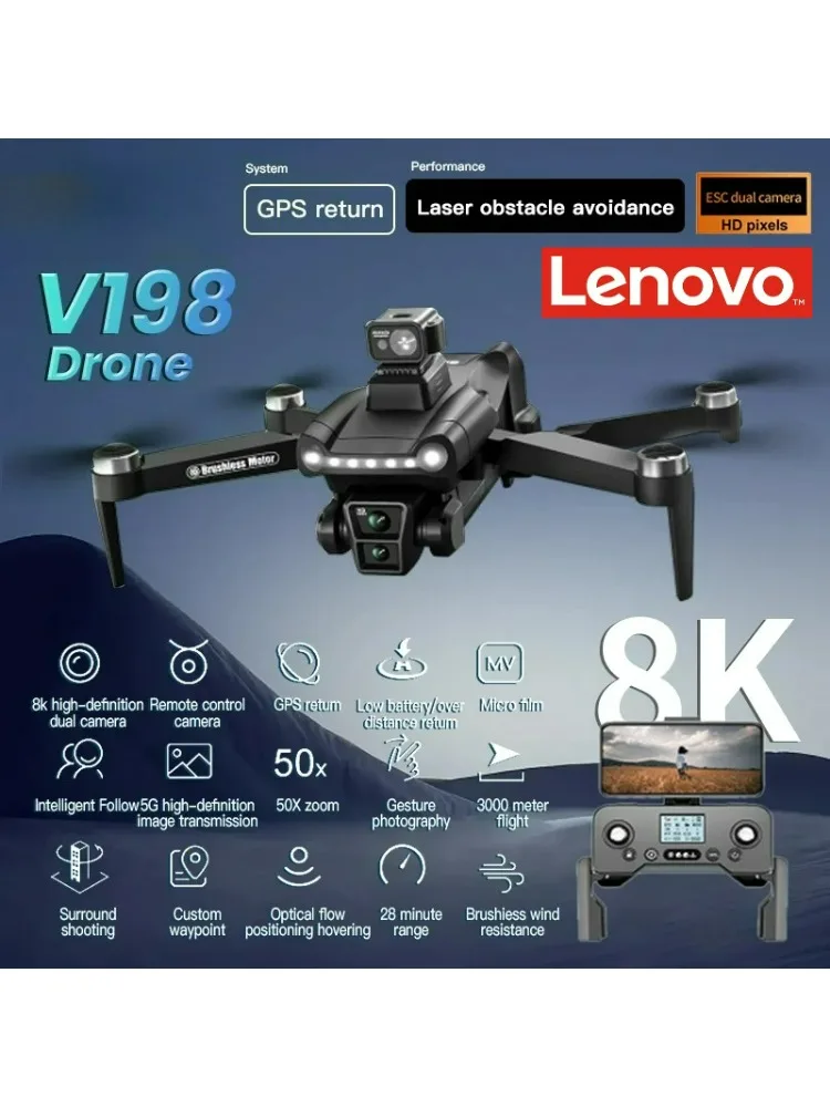 Lenovo V198GPS Drone 4K Professionele FPV Borstelloze Laser obstakelvermijding Luchtfotografie Optische Opvouwbare Quadcopter Mini 8K Drone - afbeelding 2