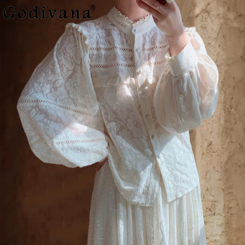 2025 خريف جديد أنيق فرنسي خمر المحكمة فانوس كم الدانتيل قميص مزاجه الوقوف الرقبة الكشكشة طويلة الأكمام لوليتا #1