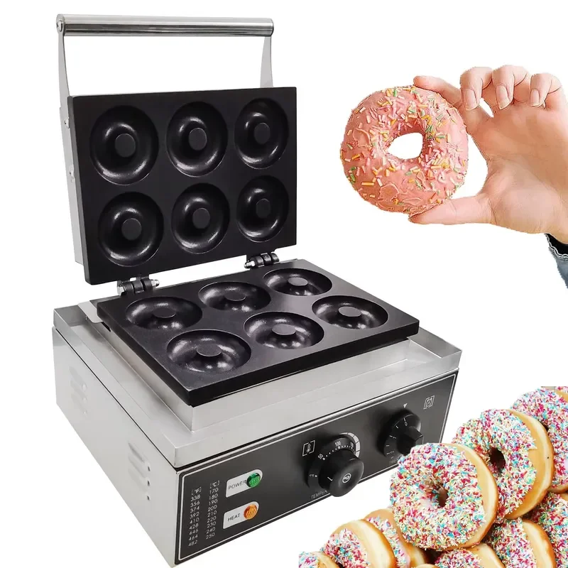 Electric Commercial Donut Maker 6 Hole Double Sided Heating Non Stick Surface Automatic Waffle Machine for Bakery Shop Use