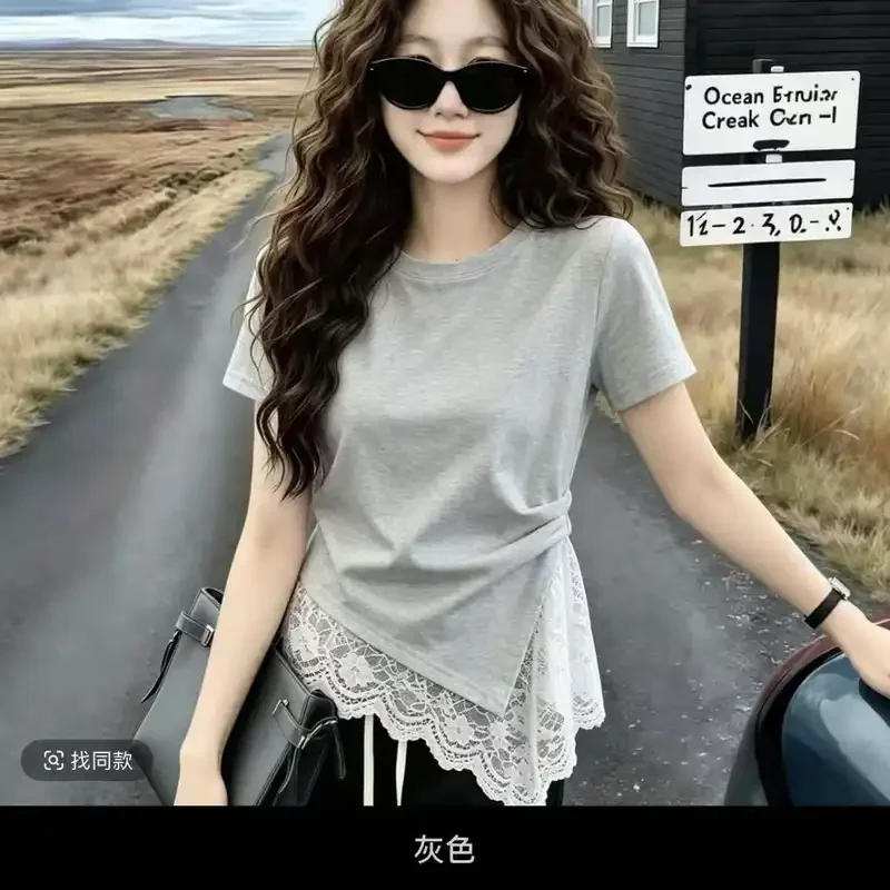 Gray Asymmetrical Hem Lace Detail T-Shirt For Women Casual Office Wear With Elegant Design