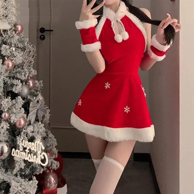 Christmas Girl Plush Short Halter Backless Dress Santa Claus Uniform Women Snowflake Outfits New Year Red Costumes Cosplay Girl