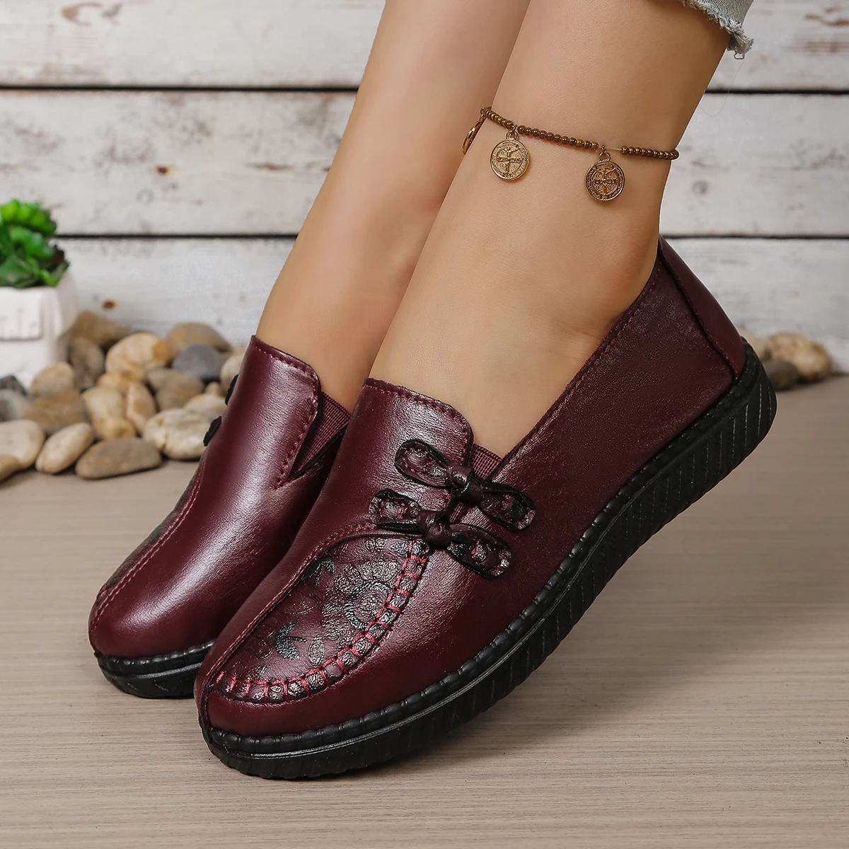 Women's Spring Autumn Leather Loafers Floral Embossed Slip‑On Flats Anti‑Slip Comfort Casual Mom Daily Walking Free Shipping image 4