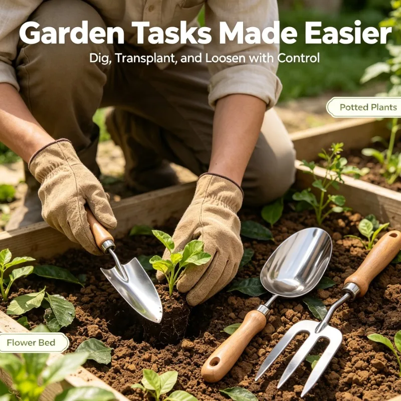 3Pcs Stainless Steel Garden Tool Set With Wooden Handle Trowel Transplanter Cultivator Fork For Planting Digging Weeding Soil