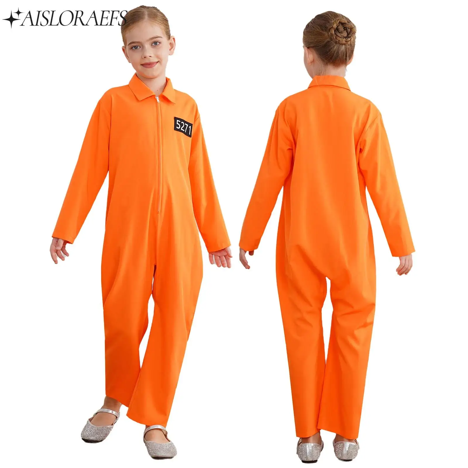 

Prisoner Costume Girls One Piece Long Sleeve Zipper Jumpsuit Jailbird Inmate Prison Uniform for Halloween Themed Party Cosplay