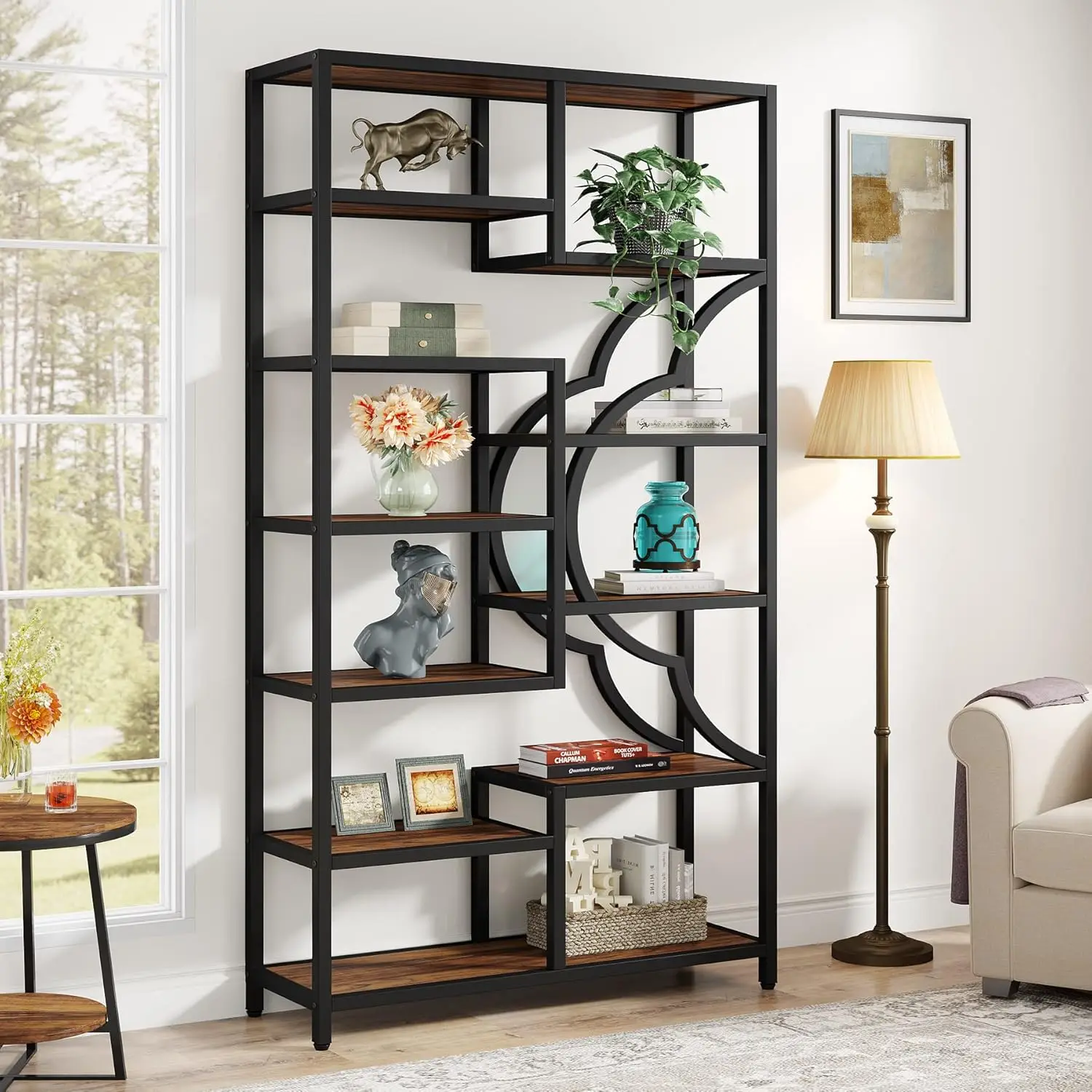 Tribesigns Bookshelf, 11-Shelves Tall Bookcase With Unique Arc-Shaped Design, Industrial Etagere Display Storage Shelves For