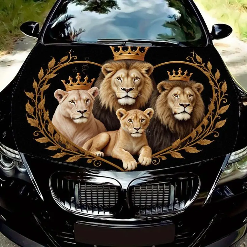 

1 Heart Frame Lion Pattern Car Hood Sticker with Gold Laurel Vine and Crown, Waterproof Decorative Hood Decal Auto Parts