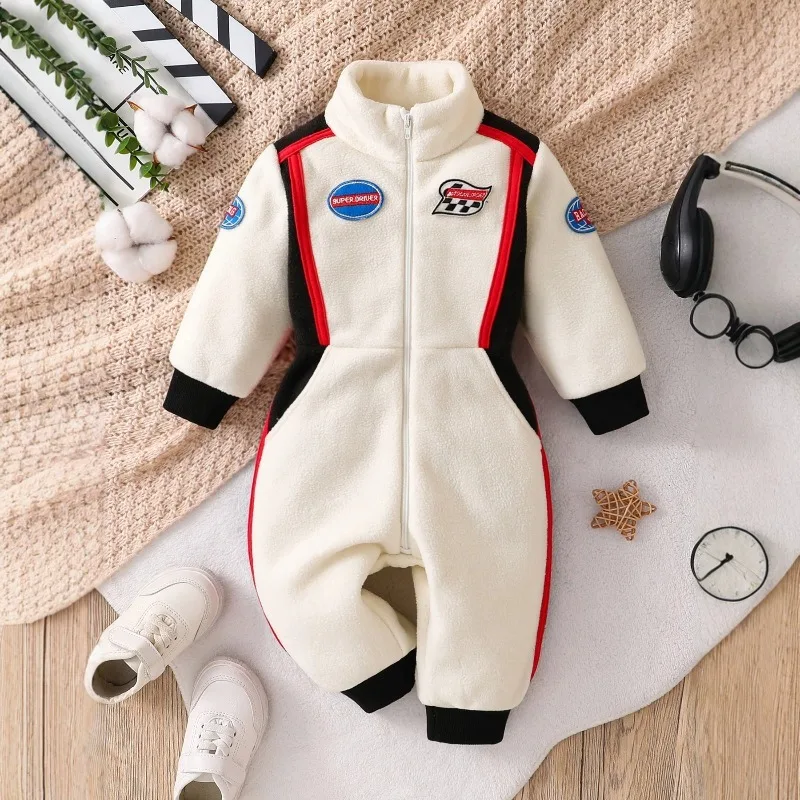 Newborn Baby Racing Car Romper Long Sleeve Zip Up Bodysuit Sport Jumpsuit Toddler Boy Outfit Winter Warm Playsuit