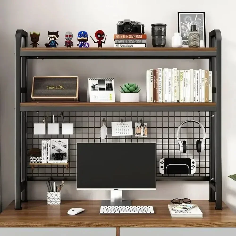 Bookcase with Grid Bookshelf Desktop Multi-Layer Wrought Iron Shelf Student Computer Desk Bookshelf Desk Storage Rack