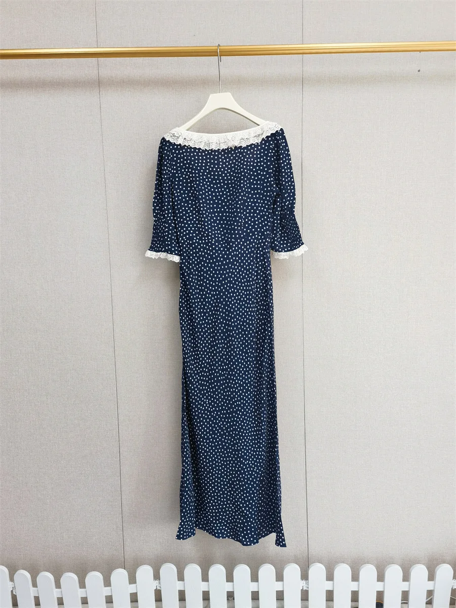 Maxi Dress for Women 2024 New Spring Dot Printed U-neck Slim Retro Short Sleeve Robes