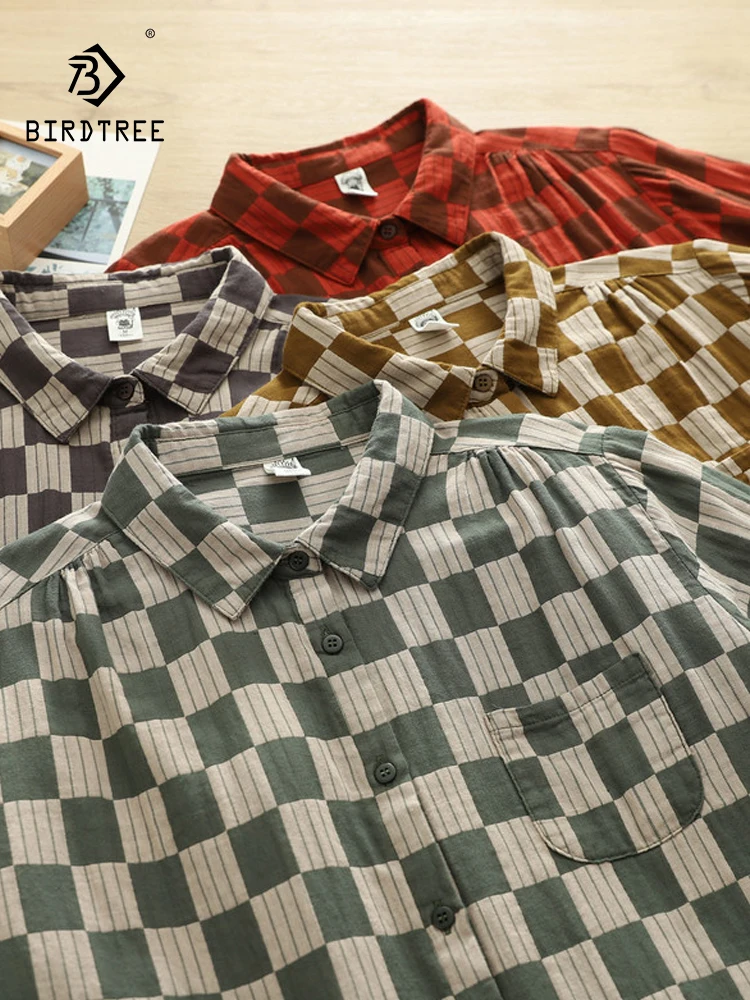 

Новая женская хлопковая рубашка с длинным рукавом на весну 2026 года, с отложным воротником, в клетку, в стиле Mori Girl, ретро, японский стиль, свободная блузка T61954CC