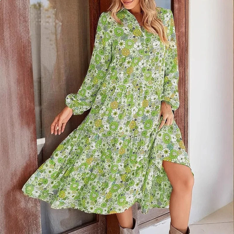 

Bohemian Floral Dress Long Sleeve V Neck Maxi Dresses Spring Summer Loose Casual