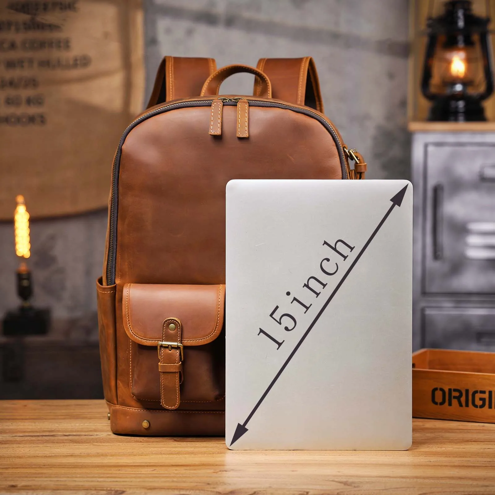 S.WORKER Vintage Echtleder-Rucksack 16" Laptop-Tasche Lässige Crazy-Horse-Leder-Schultasche Outdoor-Reise-Weekender-Tasche – Detail 3
