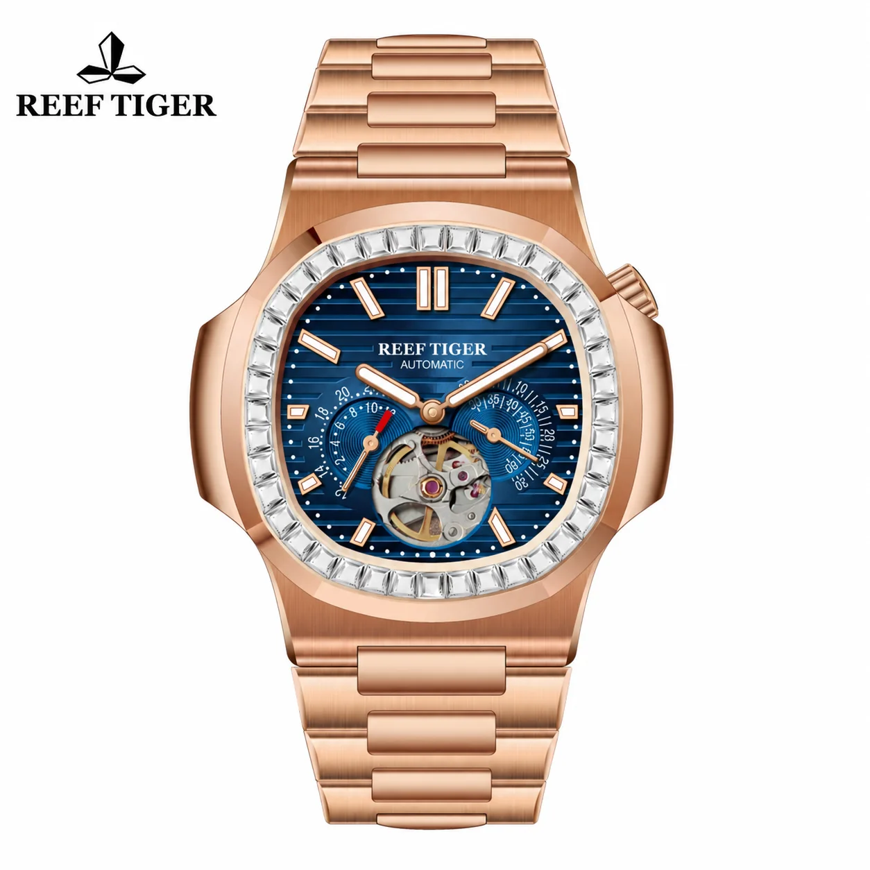 Reef Tiger New Men's 44mm Square Automatic Mechanical Watch: Luminous, Sapphire Crystal, 24-Hour Sub-dial, 5ATM Water Resistance