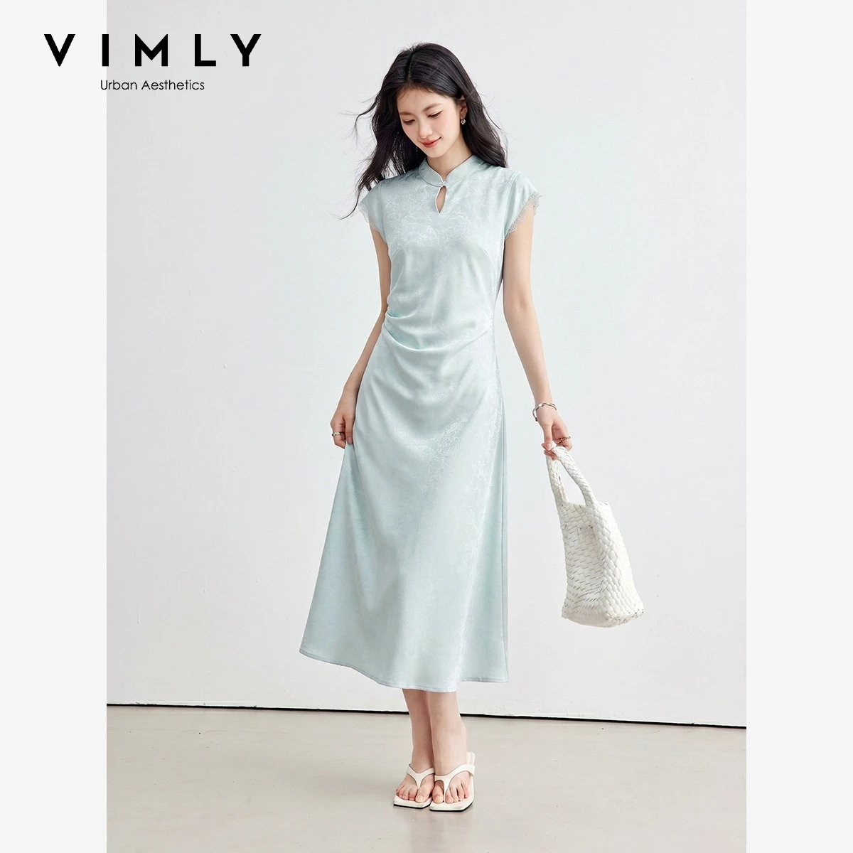 VIMLY Women's Blue Jacquard Stand-up Collar Dress 2026 Summer Improved Cheongsam Dress New Female Chinese Style Clothes 31331
