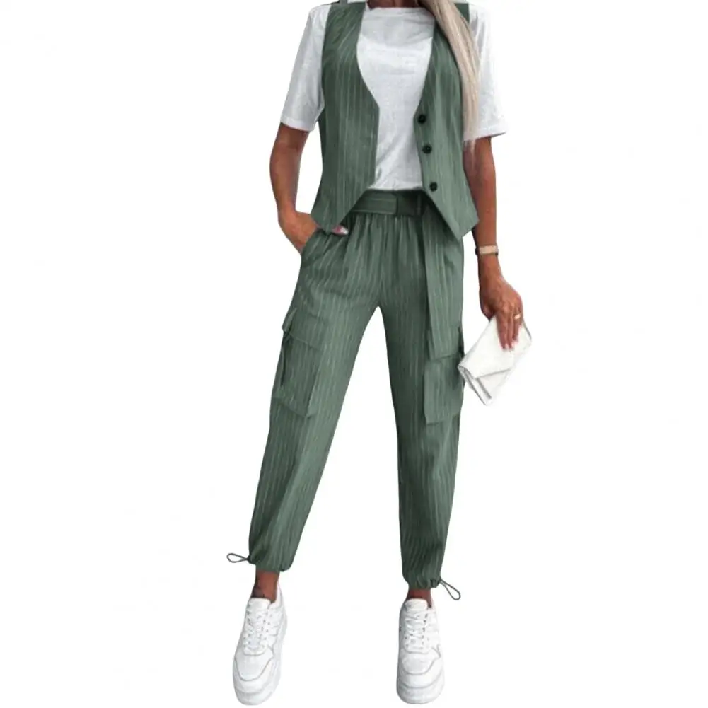 

2 Pcs/Set Women Vest Pants Set Single-breasted Waistcoat Striped High Waist Drawstring Hem Ninth Trousers Formal pant sets