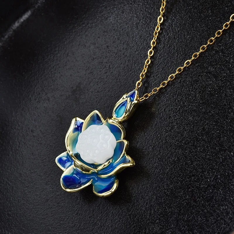 

Blue lotus pendant, retro titanium steel collarbone women's chain, lotus pendant, enamel jade pendant necklace