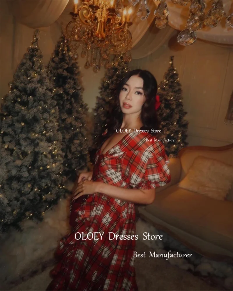 OLOEY Red Lattice A Line Evening Dresses Chrismas Cloth Puff Short Sleeves Sweetheart Long Outfit Formal Party Occasion Dress