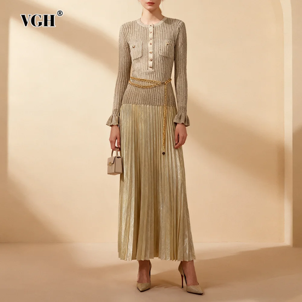 

VGH Knitted Fake Two Piece Dress for Women O Neck Simming Ruffles Sleeve Spliced Metal Chain Pleated Shiny Long Dresses Female