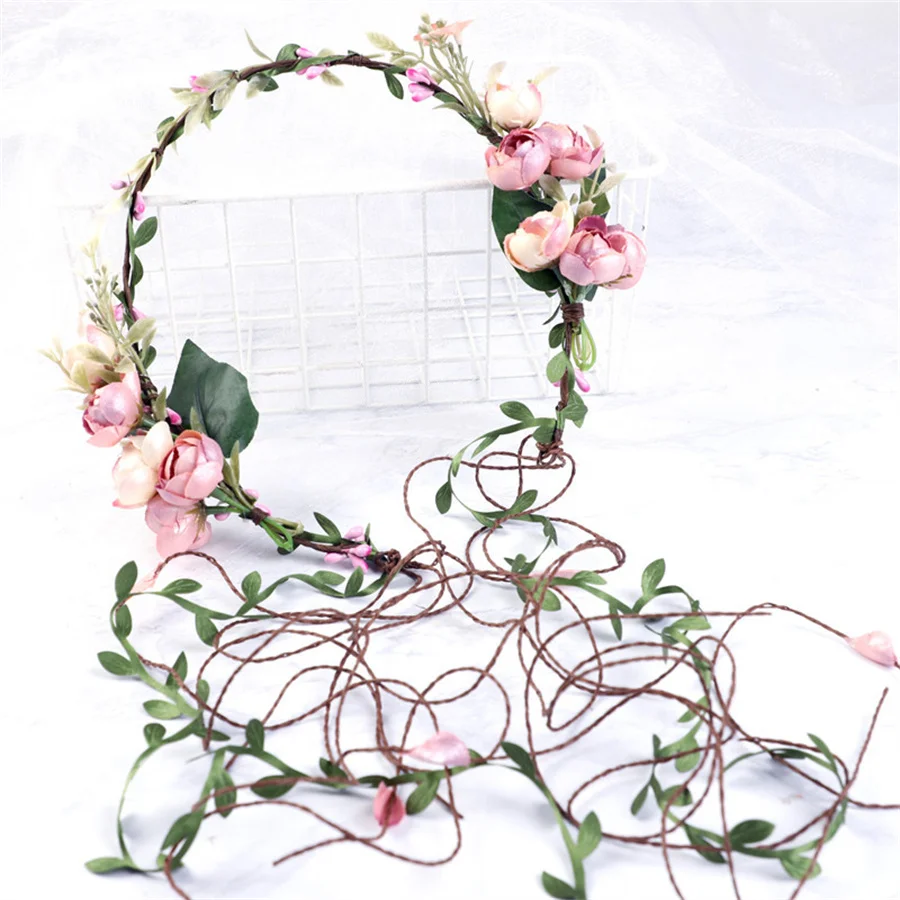 

New Fashion Bohemian Wreath Hair Band Flower Crown Women long Rattan Simulation Flower Headband Headwear spring Hair Accessories