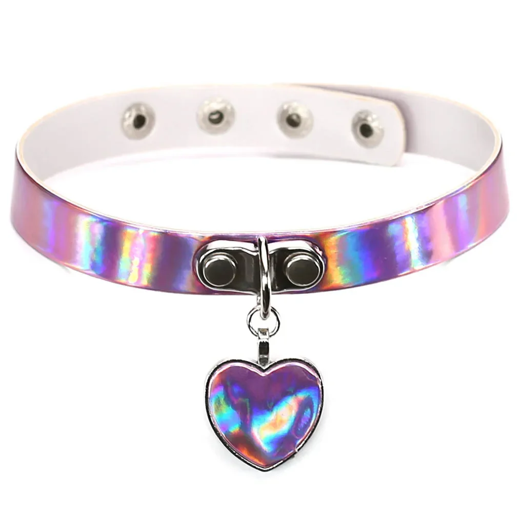 Punk Personality Fashion Harajuku Soft girl Simple Heart shape Laser Multicolored Leather Alloy Clavicle chain Necklace