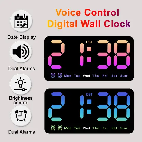 음성 제어 디지털 벽시계 9.5 인치 Led 알람 시계 듀얼 알람 온도 날짜 주 DST 벽걸이 형 시계 홈 인테리어
