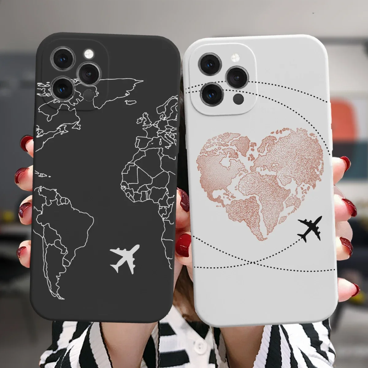 Earth World Map Plane Couple Phone Case for iPhone 16 15 14 13 12 11 Pro Max Mini SE Matte Silicone Soft Paried Cover Fundas Bag