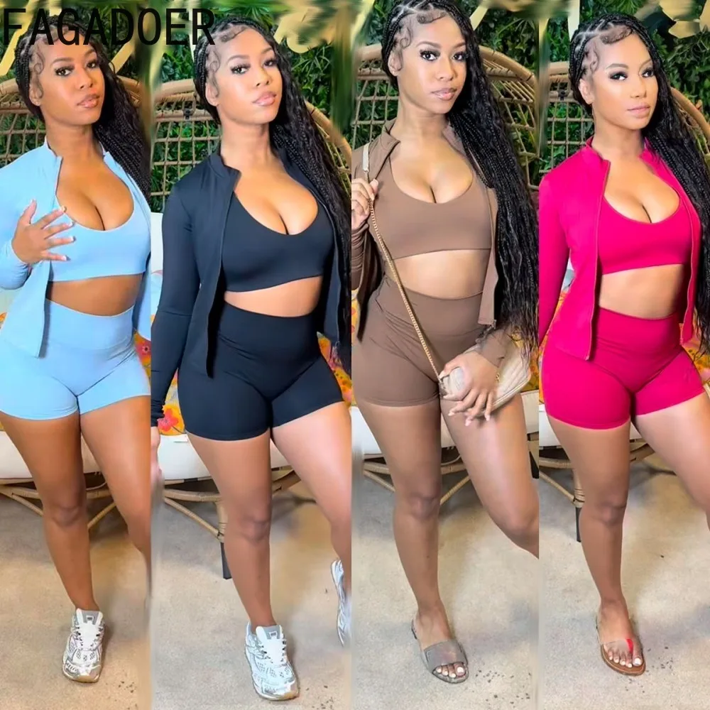 

FAGADOER Fashion High Quality 2 Pieces Set for Woman Solid Color Crop Jacket + Vest + Shorts Matching Female Joggers Tracksuits