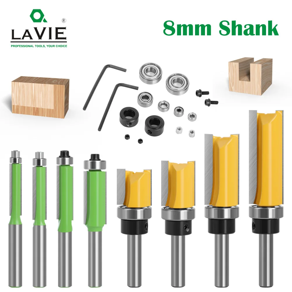 16-piece Set Of 8 Handle Yellow Bearing Straight Knife Green Trimming Knife Batch Head Bearing Woodworking Milling Cutter Access