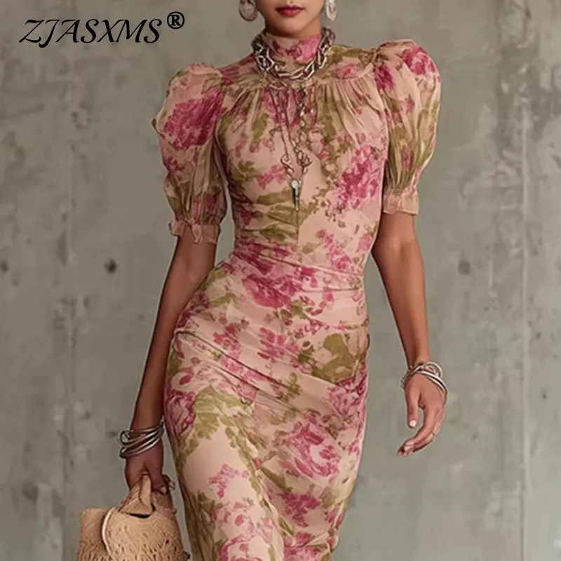 Damenkleider Sexy Hochgeschlossenes Puffärmel-Maxikleid Frühling Elegantes Blumenmuster Rüschen-Partykleid Sommer Bodycon Boho-Kleid