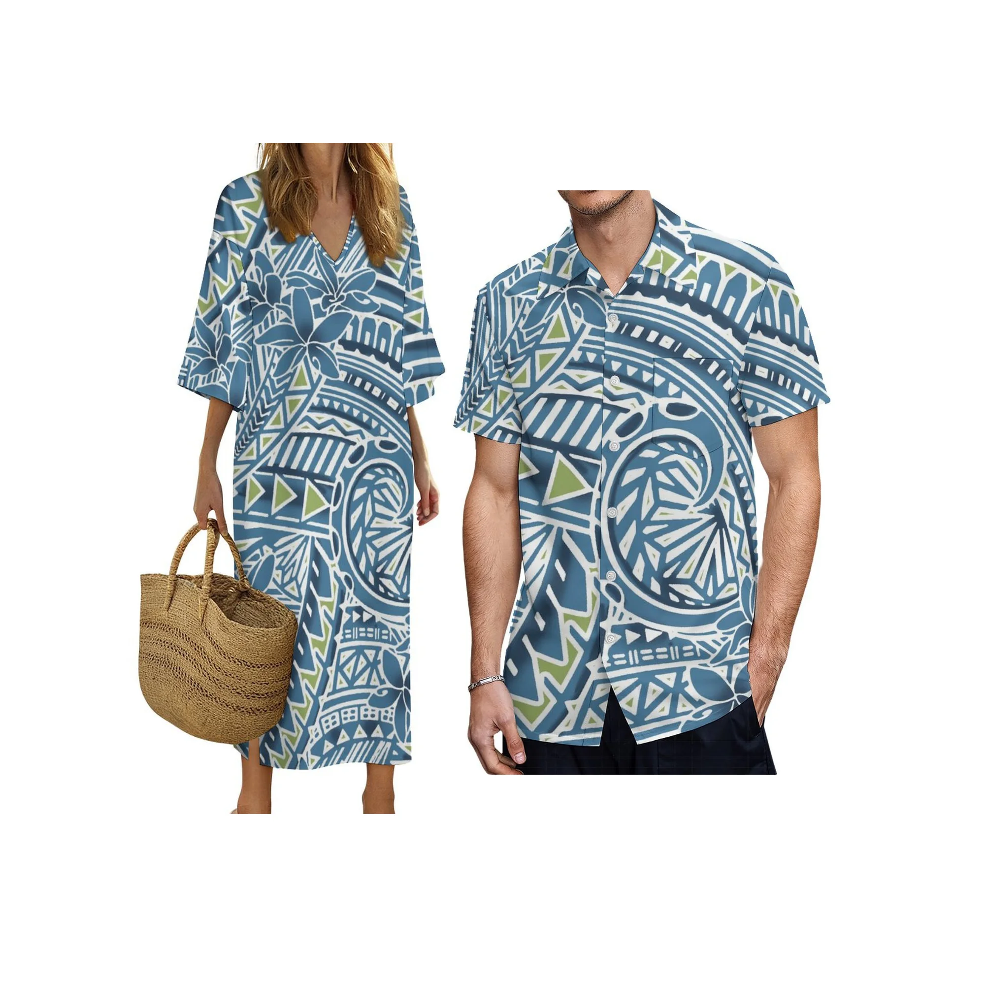プリントオンデマンドの新しいポリネシアンアイランドデザインVネックレディースドレスとアロハメンズ半袖シャツのカップル服