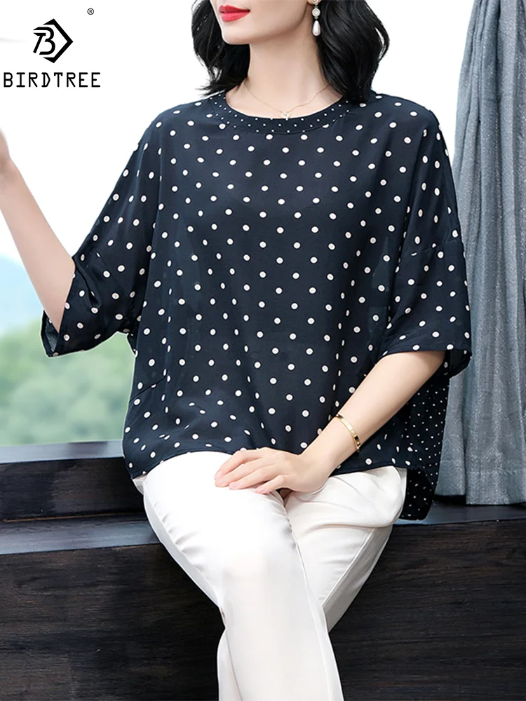 

BirdTree, 100%Real Silk Fashion T-Shirt, Women's Short Sleeve Polka Dots, Oversize Elegant Tees, 2024 Summer New Tops T444137QM