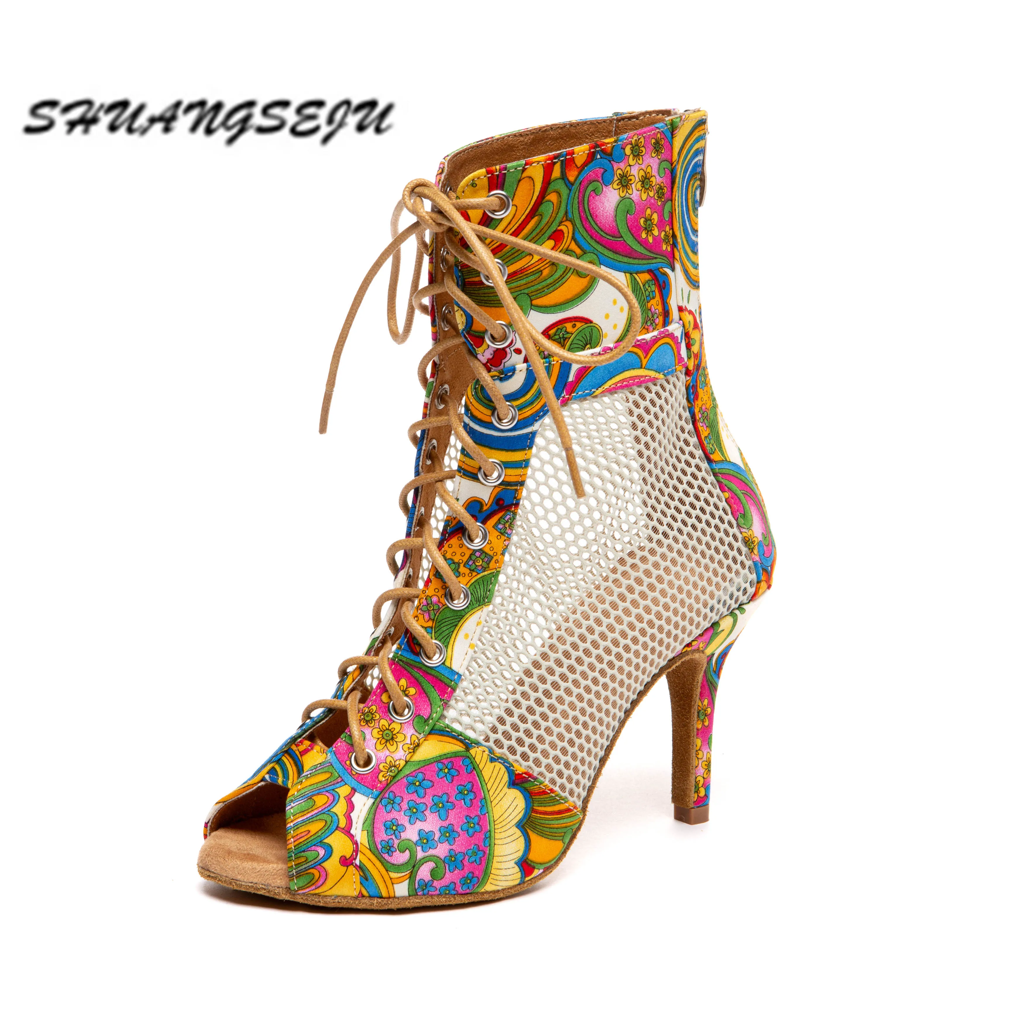 SHUANGSEJU 2026 Colorful printed women's Latin dance shoes, sexy mesh jazz high-top ankle boots, lace-up performance high heels