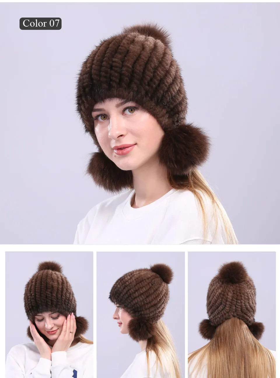 Echte Nerz Pelzmütze mit Fuchspelz Ball Ohrenschützer Schutzkappe Wintermütze für Frauen Russische Trapper Herbstmütze Beanie Herbstmütze – Detail 10