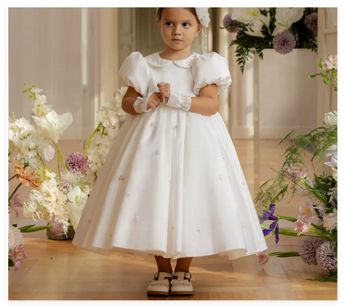 Vestido de niña de flores con cuentas de satén blancas de lujo, con guante, longitud hasta el tobillo, para Princesa, cumpleaños, boda, fiesta de baile