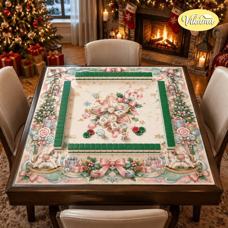 Christmas Pink Green Bows Mahjong Mat Non Slip Washable Table Cover for Living Room Family Game Night Holiday Gift