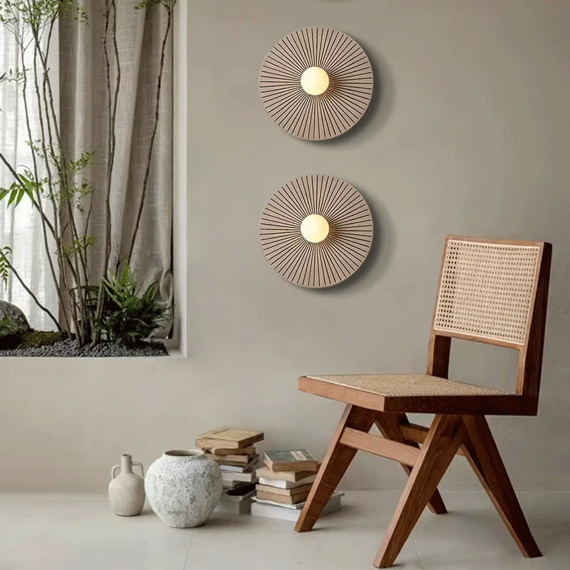 Ретро круглые настенные светильники из цельного дерева, современные прикроватные светильники для проживания в семье, винтажное светодиодное освещение, уникальное художественное украшение, настенные бра