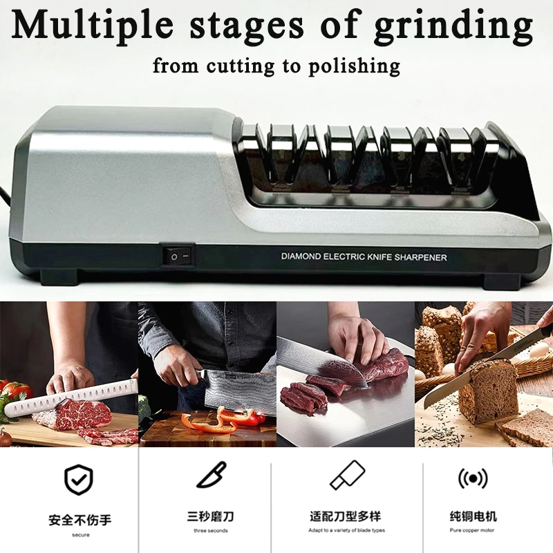 

Premium 4-Stage Knife Sharpener - Coarse To Polish, Black/Silver, Fast & Safe, EU Plug with Strop Paste & Gloves