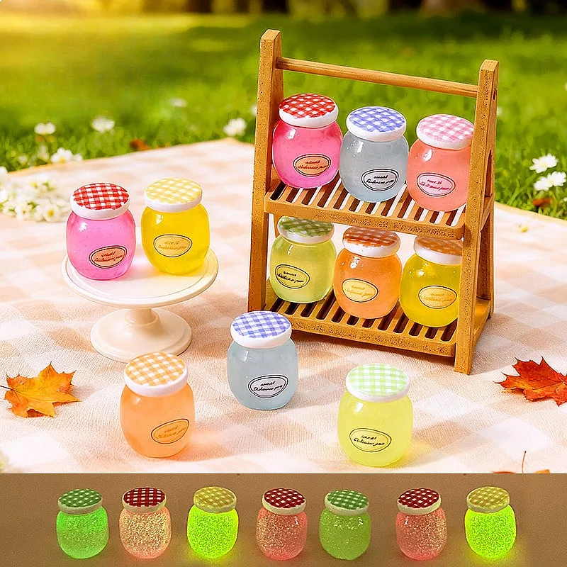 100pcs Kawaii Simulated Mini Luminous Plaid Jam Bottle Resin Cabochon Dollhouse Decor DIY Accessories for Jewelry Keychain Decor