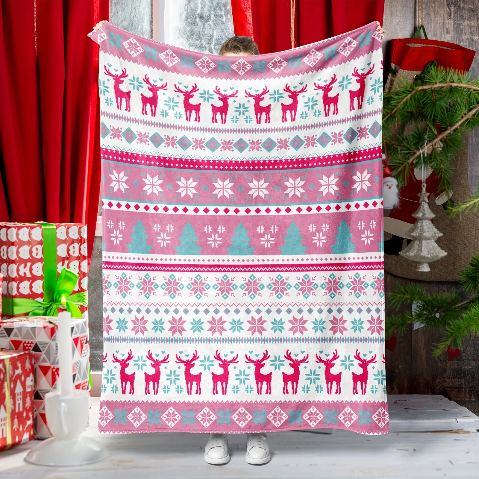 Weihnachtsdecke, Flanell-Schneeflocken-Muster, Decken, rosa, weiß, geeignet für Urlaub, Sofa, Schlafzimmer, Dekoration, weiche, warme Geschenke