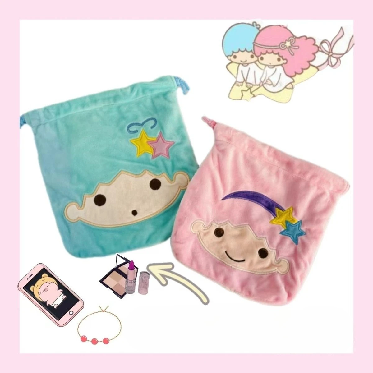 

Little Twin Star Bag Anime Peripherals Delicate Cartoon Cute Drawstring Drawstring Pocket Fashion Versatile Storage Bag