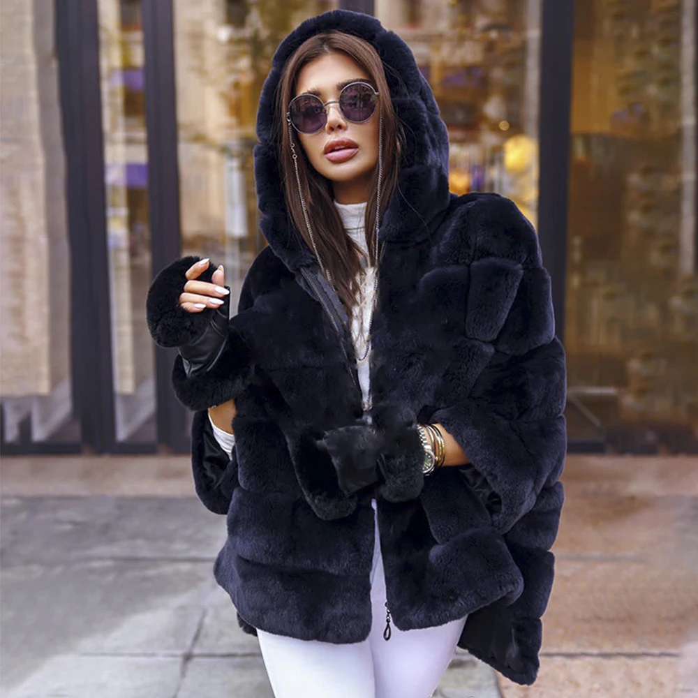 

Furshehe Autumn Winter Real Rex Rabbit Fur Coat Women Genuine Natural Rabbit Fur Jacket Zipper Batwing Sleeve Hooded Streetwear