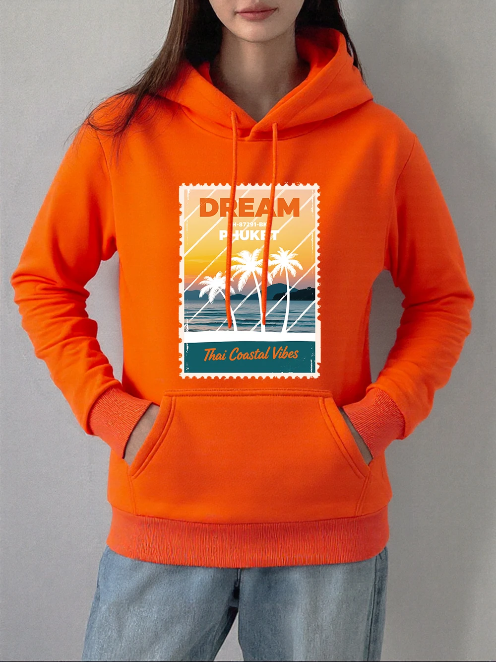 プーケットタイ沿岸バイブプリントパーカー女性の冬フリース暖かいスウェットシャツカジュアルポケットプルオーバー快適なルーズ服