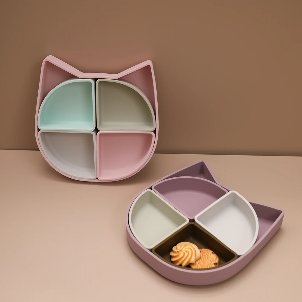BPA-무료 실리콘 베이비 트레이 식품-학년 어린이 식기 및 고양이 디자인 분리 가능한 아기 식기