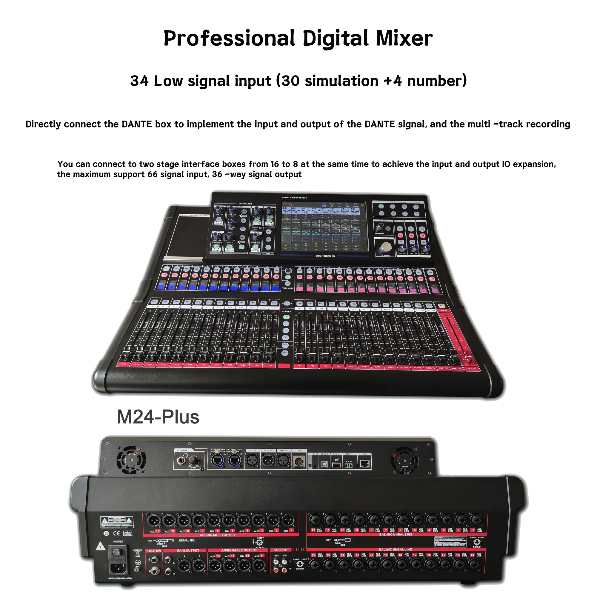 M24-Plus Professional Digital Mixing 34 Channel Audio Mixer Multi -track Recording DJ Console Audio Sound Card System Speaker