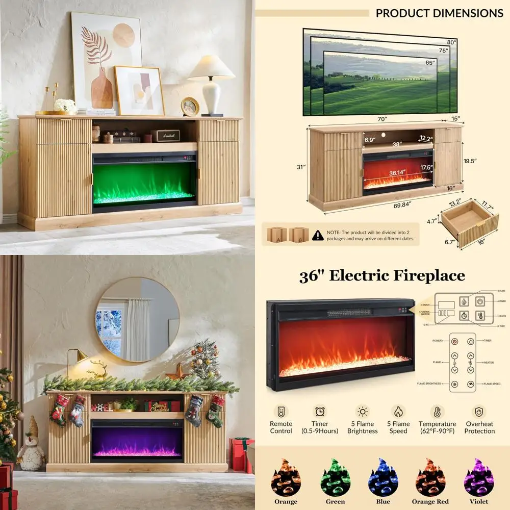 Modern 80 TV Stand with Built-in 36 Electric Fireplace, Wood Media Console for Entertainment