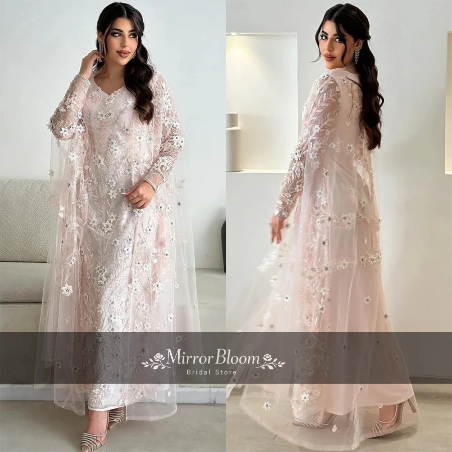 

Elegant A-Line Customized Blush Pink Long Sleeve Ankle Length DressesTulle Overlay Flower Lace Formal Evening Party Prom Gown