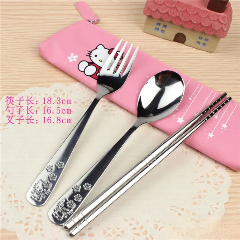 

Sanrio Cartoon Hello Kitty Cute Children's Tableware Set Stainless Steel Fork Spoon Chopsticks PU Storage Bag Tableware Gifts