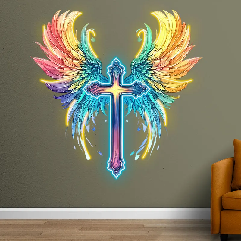 Blue & Yellow Cross With Angel Wings Custom LED Neon Sign, Creative Light Decor For Home Wall Hanging, Persinalized Night Light