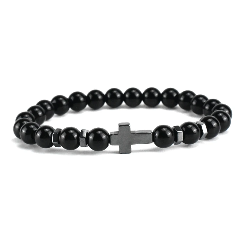 Natuurlijke Magnetische Hematiet Kruis Armbanden Mannen Zwart Obsidiaan Tijgeroog Steen Kralen Armband Voor Vrouwen Pulseras Paar Sieraden